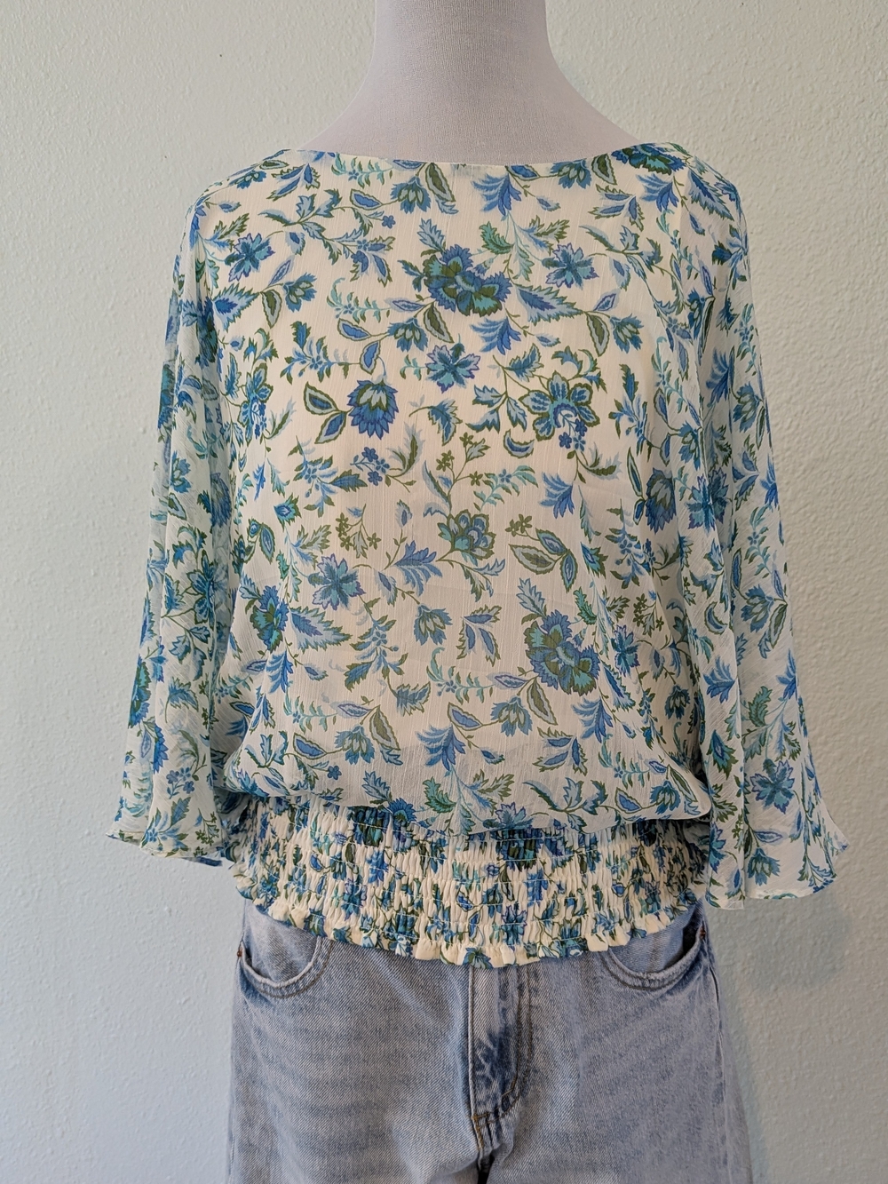 Cynthia Steffe White Blouse with Blue & Green Floral Print